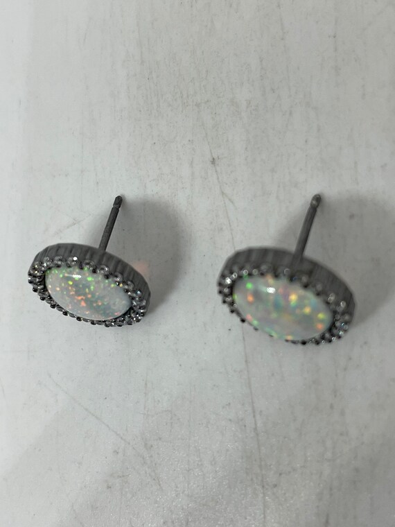 Vintage Opal Earrings 925 Sterling Silver Stud Bu… - image 2