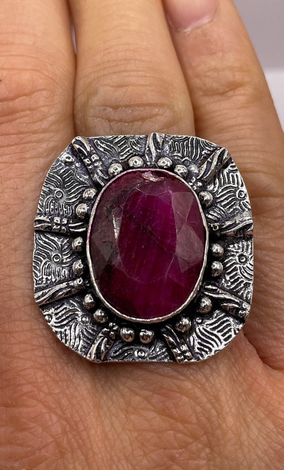 Vintage Raw Pink Ruby Deco Silver Cocktail Ring - image 2