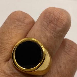 Vintage Black Onyx Golden Stainless Steel Mens Ring