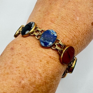Vintage Lucky Gemstone  Bracelet Gold filled Carved Gemstones