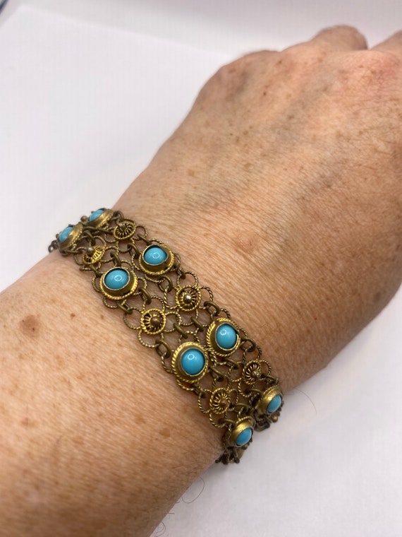 Vintage Turquoise Bracelet Gold Filigree 925 Ster… - image 2