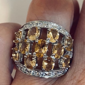 Vintage Golden Citrine and White Sapphire Wedding Band 925 Sterling Silver Ring