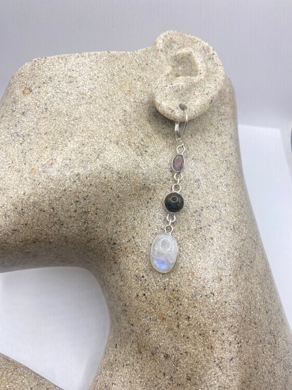 Vintage Rainbow Moonstone Sterling Silver Lever Back Dangle Earrings