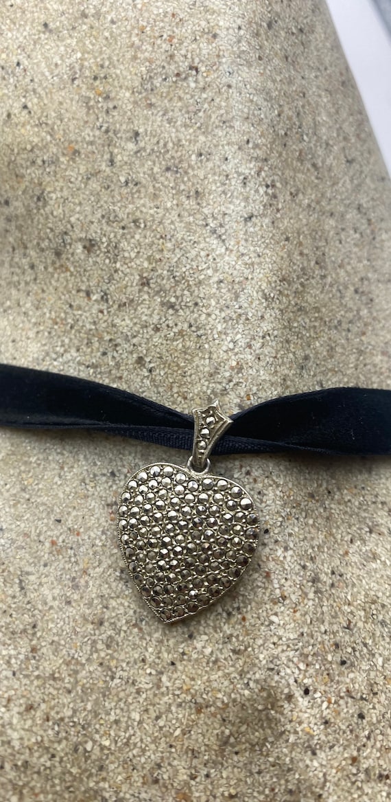 Vintage Marcasite Heart Choker 925 Sterling Silve… - image 1