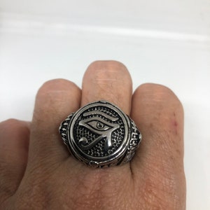 Vintage Silver Stainless Steel Egyptian Ankh Horus Eye Men&#39;s Ring