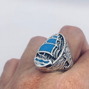 Vintage Southwestern Turquoise Inlay Sailboat Ship Mens Ring