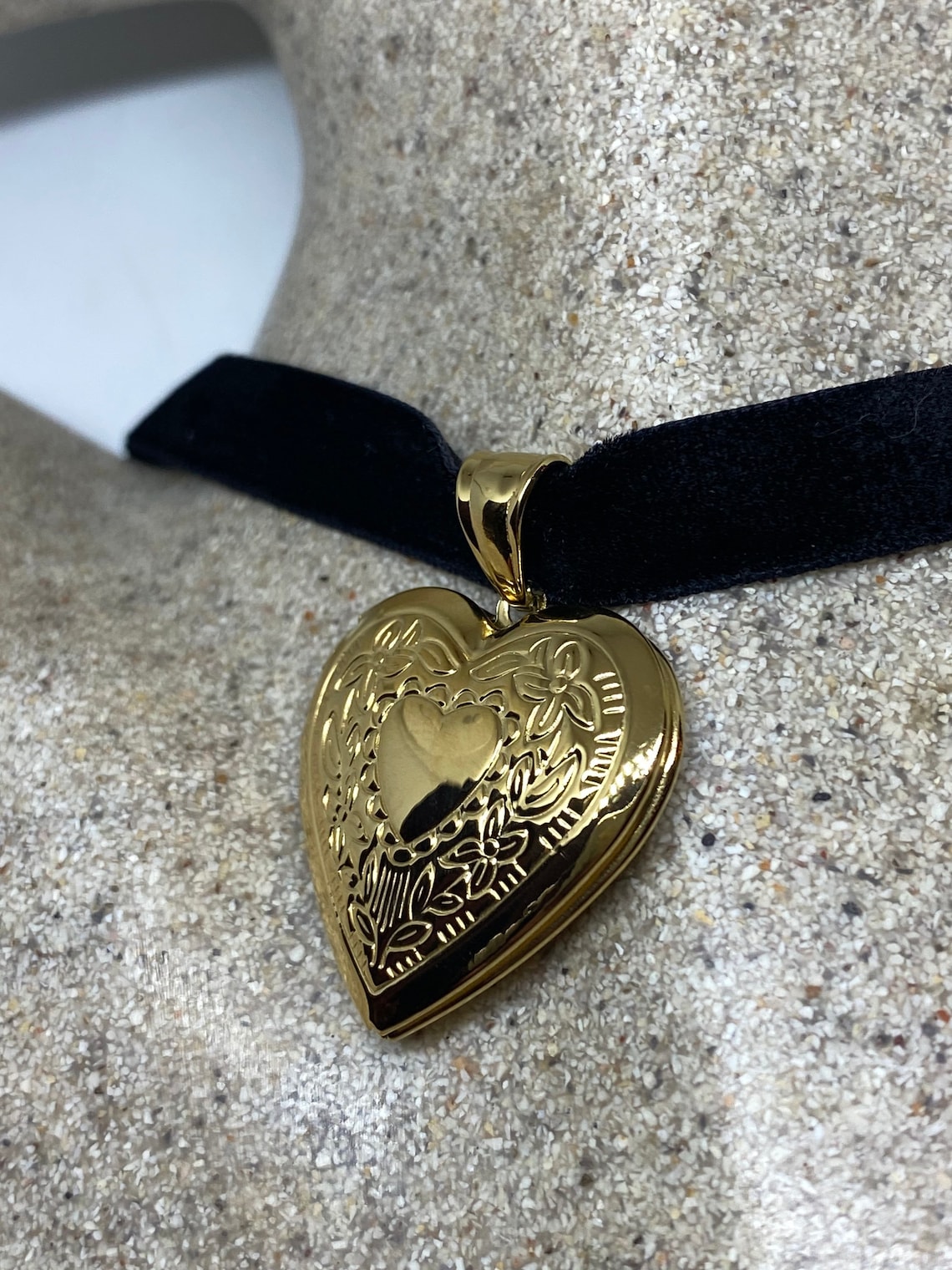 Vintage Heart Locket Choker Golden Stainless Steel Deco Etched Etsy