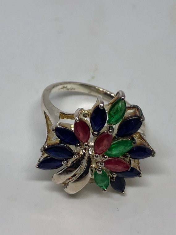 Vintage Ruby Emerald Sapphire Sterling Silver Coc… - image 2