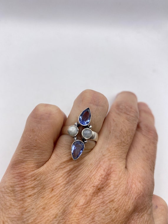 Vintage Genuine Blue White Rainbow Moonstone Ring - image 6