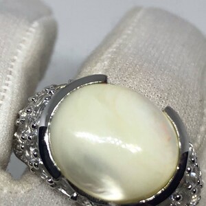 Antique White Mother of Pearl Filigree White Sapphire Sterling Silver Ring