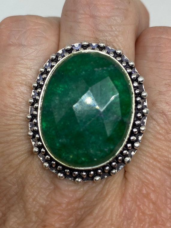 Antique Green Emerald Chrysopraise Silver Ring