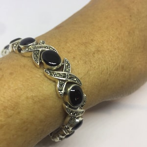 Vintage Silver Bracelet | 925 Sterling Silver Marcasite Black Onyx Bracelet