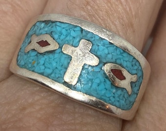 Bague incrustée de croix turquoise du sud-ouest de style amérindien vintage