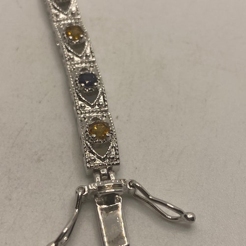 Vintage Citrine Blue Sapphire shops Tennis Bracelet 925 Sterling Silver