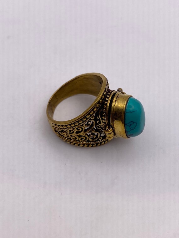 Vintage Turquoise Brass Poison Pillbox Ring - image 5