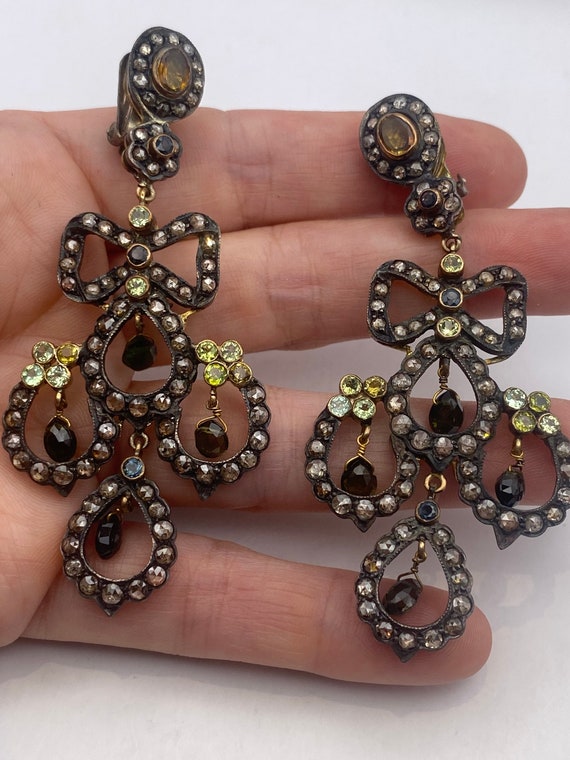 Vintage Tourmaline Rose Cut Diamond Earrings 925 … - image 4