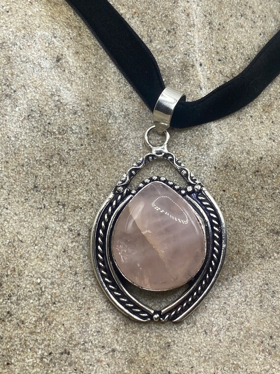 Vintage Handmade Silver Finish Rose Quartz Choker… - image 2