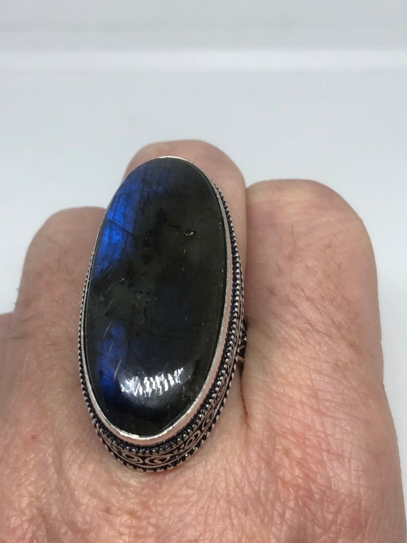 Vintage Large Labradorite Rainbow Moonstone stone silver ring