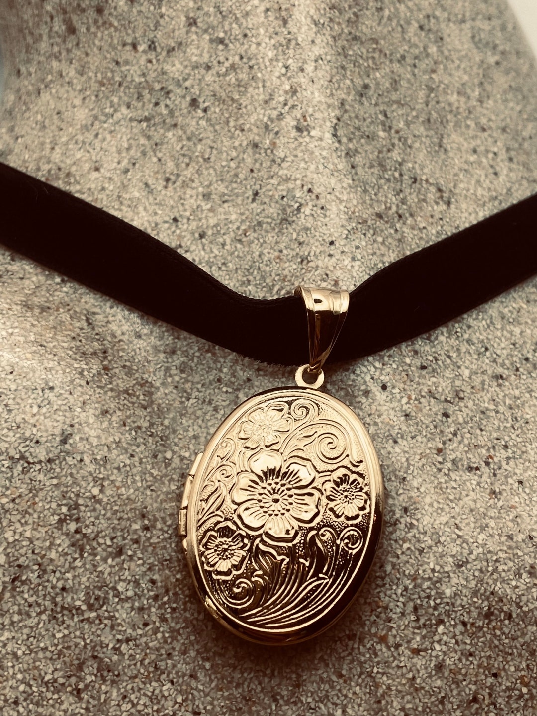 Vintage Flower Locket Choker Golden Stainless Steel Deco Etched ...