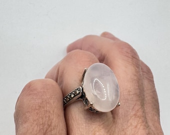Vintage Genuine Rose Quartz Marcasite 925 Sterling Silver Ring