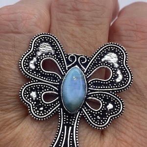 Vintage Lunar Moth Blue Larimar White Bronze Silver Cocktail Ring