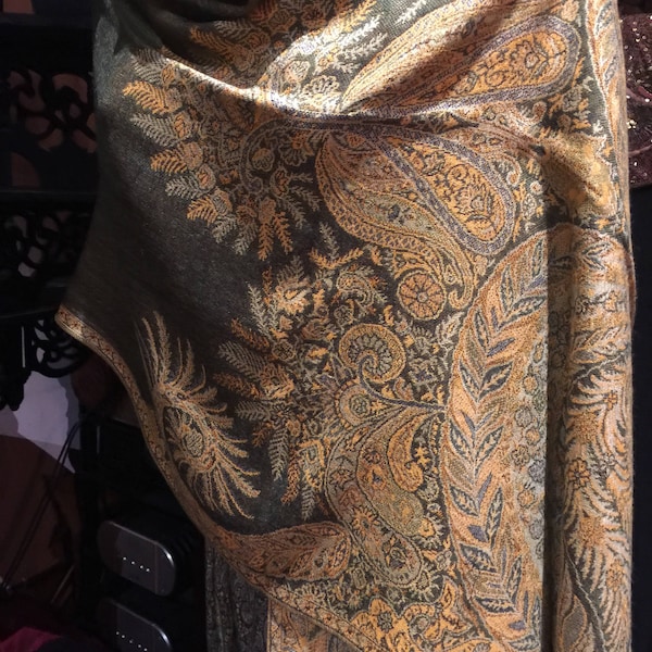 Vintage Brown and Olive Green Brocade Paisley Pashmina Scarf Wrap