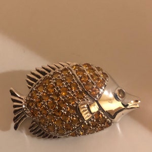 Vintage Handmade Golden Citrine Sterling Silver Fish Brooch
