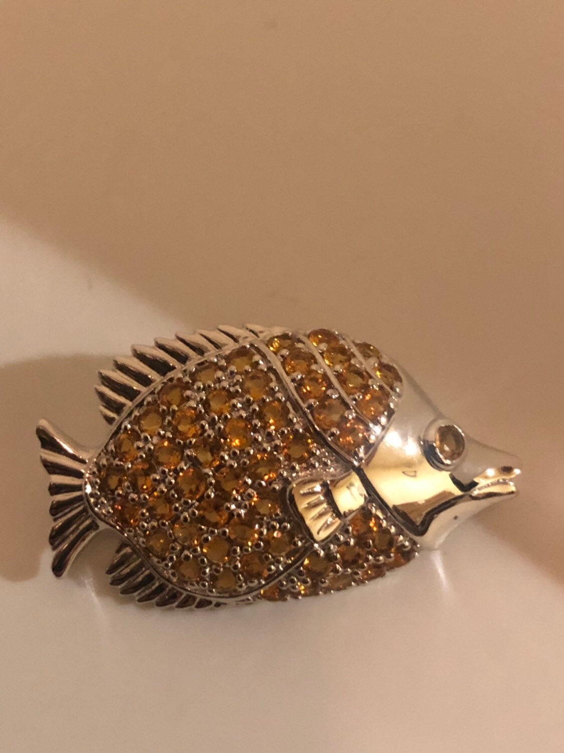Vintage Handmade Golden Citrine Sterling Silver Fish Brooch