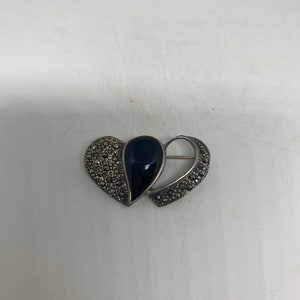 Vintage Black Onyx Pin Marcasite 925 Sterling Silver Brooch