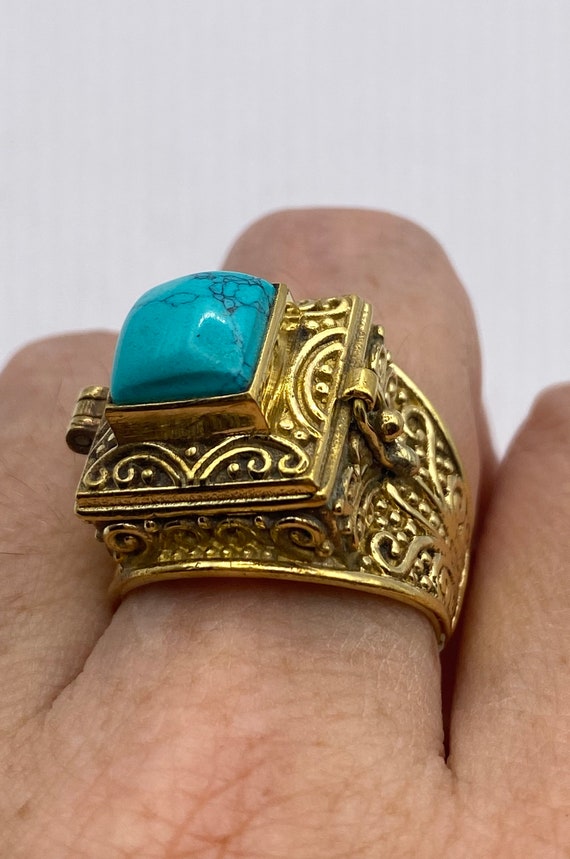 Vintage Turquoise Brass Poison Pillbox Ring - image 2