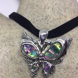 Blue Handmade Gothic Styled Silver Finished Genuine Abalone Butterfly Choker Necklace