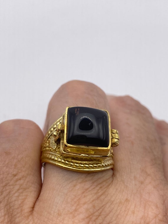 Vintage Black Onyx Brass Poison Pillbox Ring - image 6