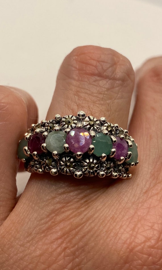 Vintage Green Emerald Ruby Marcasite 925 Sterling 