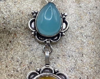 Vintage Tigers Eye Blue Chalcedony Dangle Earrings 925 Sterling Silver Lever Backs