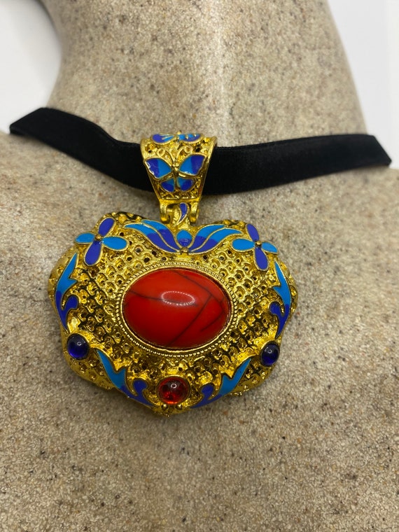 Vintage Cloisonné Choker Pendant Necklace Golden … - image 3