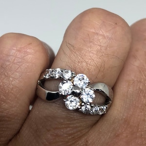 Vintage Clear White Sapphire 925 Sterling Silver Cocktail Ring Size 7