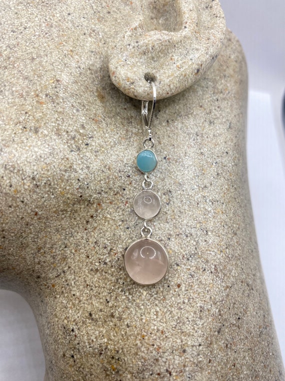 Boucles D'oreilles Anciennes Argent Massif Avec Quartz Rose Sculpté - Longues Pendantes, Occasion