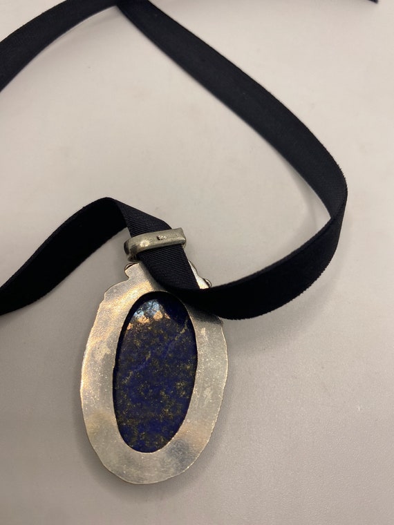 Vintage Blue Lapis Choker Black Velvet Ribbon Nec… - image 3