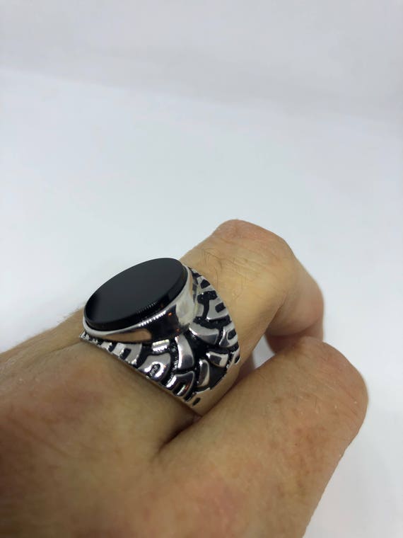 Vintage Onyx Mens Ring 925 Sterling Silver Gothic… - image 4