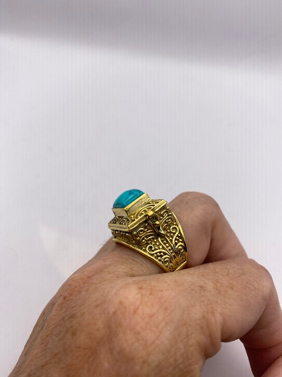 Vintage Turquoise Brass Poison Pillbox Ring - image 6