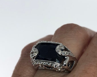 Vintage Handmade Deep Blue Sapphire and White 925 Sterling Silver Gothic Ring