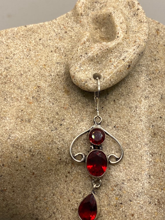 Antique Vintage Red Ruby Glass Silver Dangle Earr… - image 1