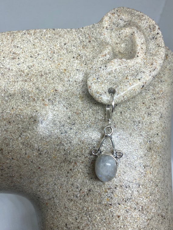 Vintage Rainbow Moonstone Sterling Silver Lever Back Dangle Earrings View 2