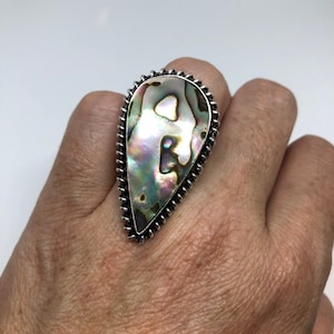Antique Green Abalone White Bronze Silver Ring