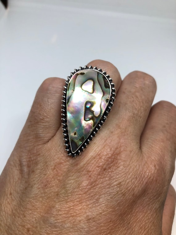 Antique Green Abalone White Bronze Silver Ring