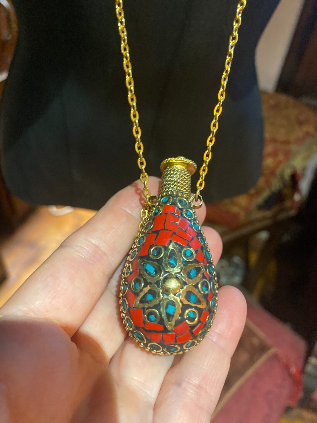 Vintage Perfume Oil Bottle Mosaic Inlay Gemstone Pendant