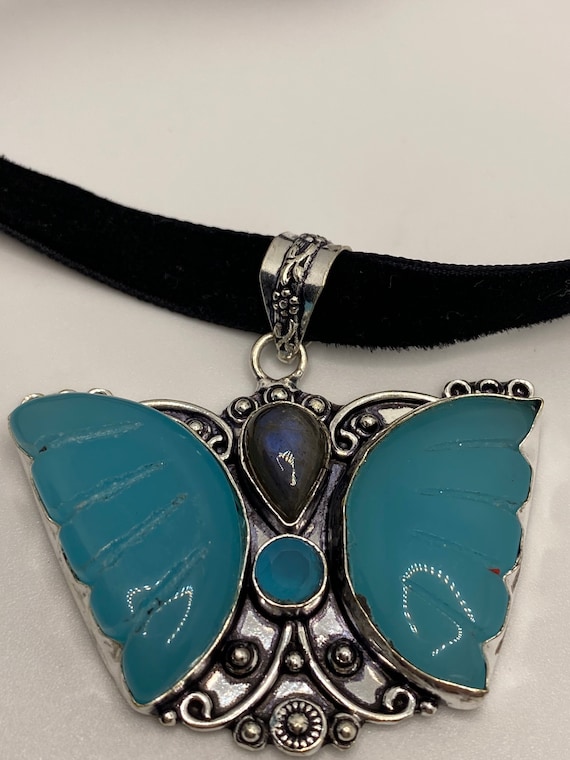 Vintage Blue Chalcedony Butterfly Choker Necklace - image 1