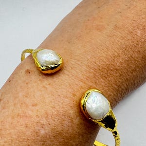 Vintage Pearl Cuff Bangle Bracelet Gold 925 Sterling Silver Hand Made