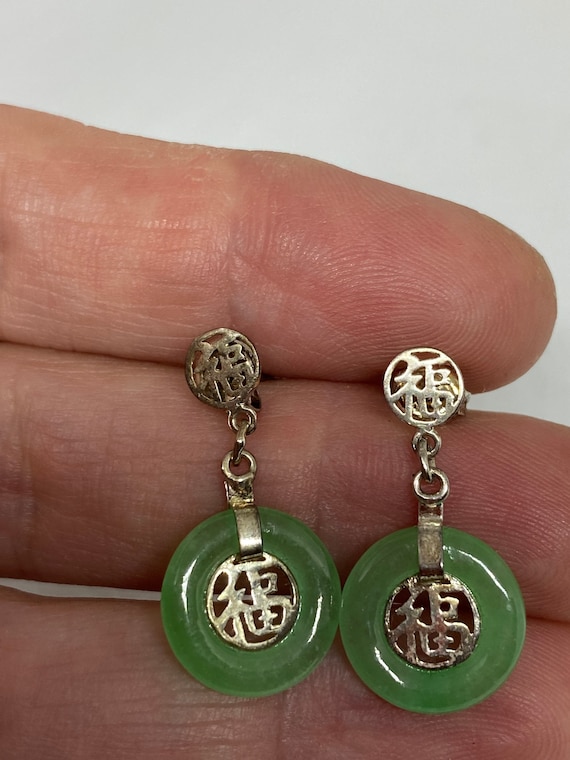 Vintage Fun Green Jade Gemstone Silver Earrings - image 6