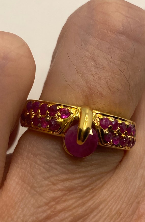 Vintage Pink Ruby Golden 925 Sterling Silver Band 